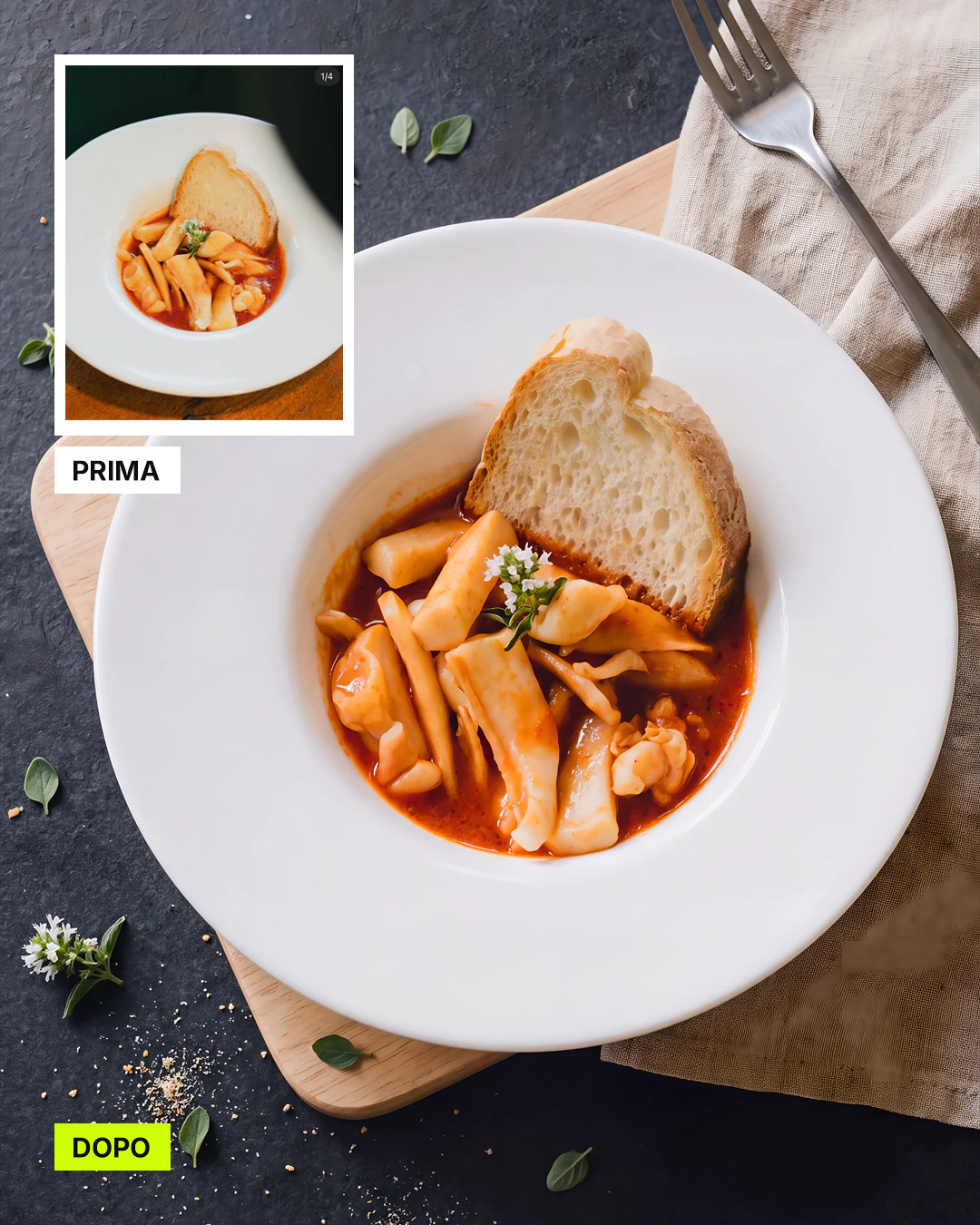 Prima e dopo: pasta al pomodoro con crostino