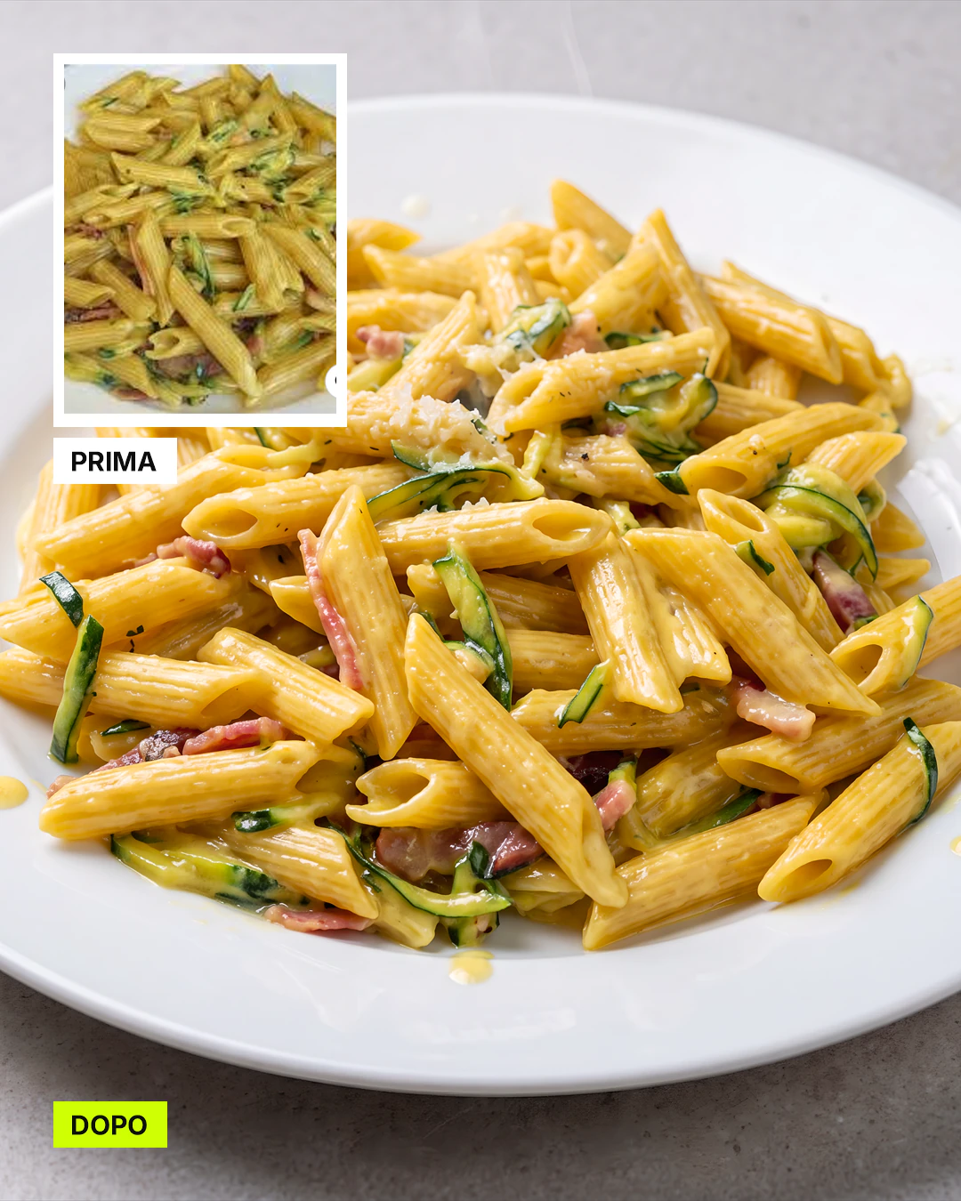 Prima e dopo: penne con speck e zucchine