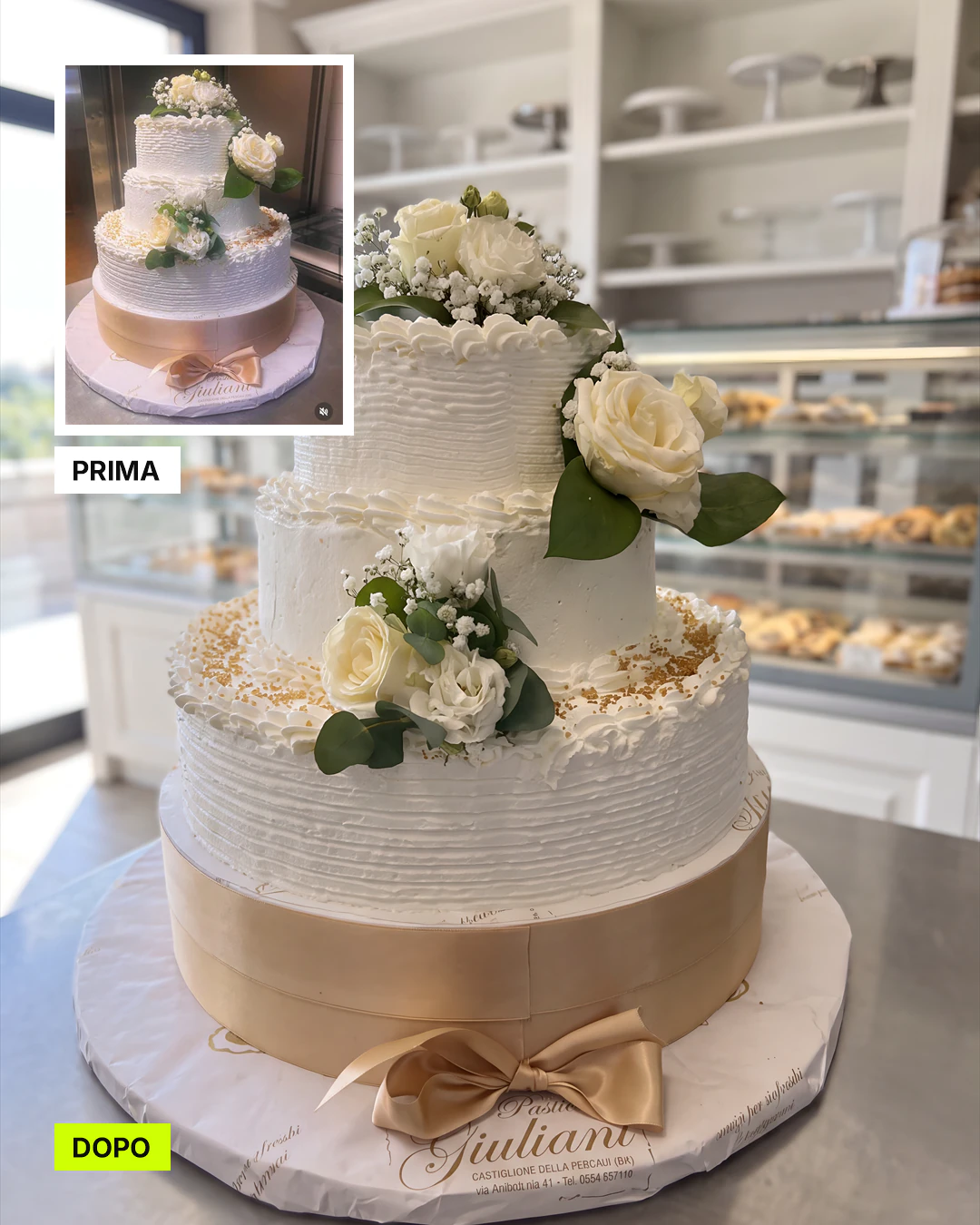 Prima e dopo: torta nuziale in pasticceria
