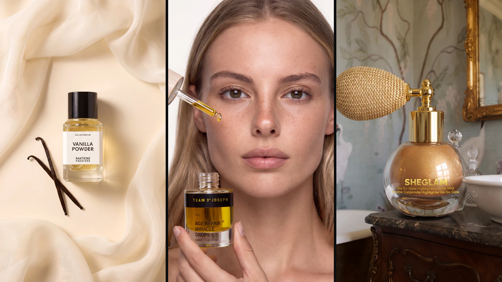Tre prodotti veri: profumo su seta, siero con pipetta, flacone dorato in bagno